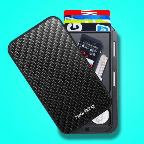 New-Bring Metal Card Holder RFID Anti-Theft Magnetic Automatic Shift Business Card Sase Waterproof Wallet, Red, Blue, Black, Grey, Carbon Fiber