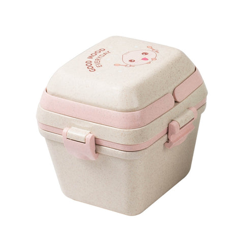 Wheat Straw Portable Three-Layer Lunch Box Can Be Microwaved, Blue, Pink