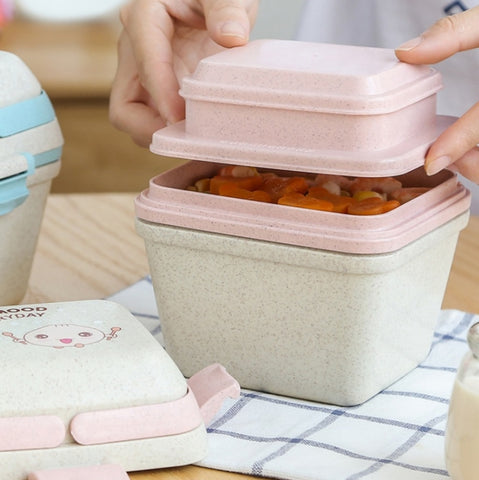 Wheat Straw Portable Three-Layer Lunch Box Can Be Microwaved, Blue, Pink