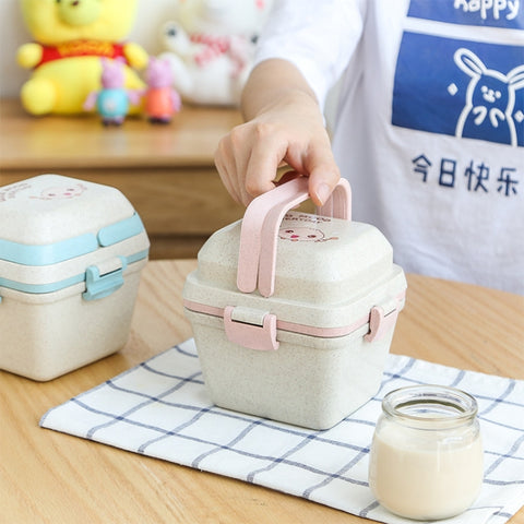 Wheat Straw Portable Three-Layer Lunch Box Can Be Microwaved, Blue, Pink