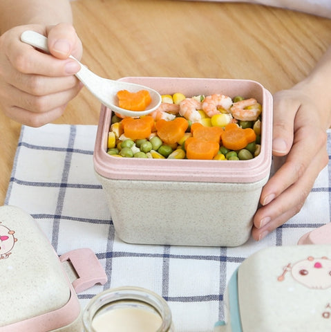 Wheat Straw Portable Three-Layer Lunch Box Can Be Microwaved, Blue, Pink