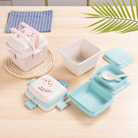 Wheat Straw Portable Three-Layer Lunch Box Can Be Microwaved, Blue, Pink