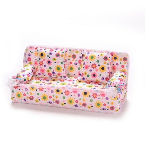 Mini Furniture Flower Sofa 20cm Couch +2 Cushions for Doll House Accessories, Doll House Accessories(Cloth sofa)