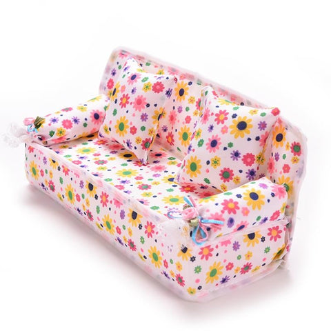 Mini Furniture Flower Sofa 20cm Couch +2 Cushions for Doll House Accessories, Doll House Accessories(Cloth sofa)