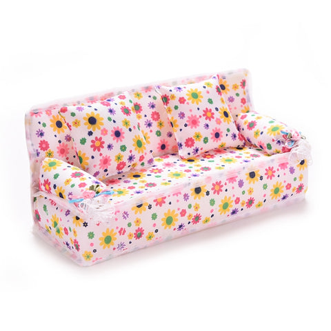 Mini Furniture Flower Sofa 20cm Couch +2 Cushions for Doll House Accessories, Doll House Accessories(Cloth sofa)