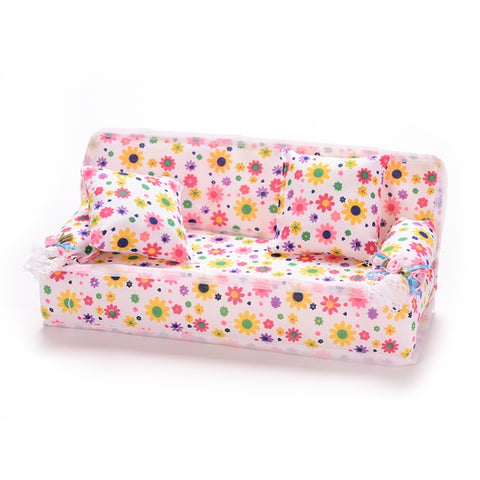Mini Furniture Flower Sofa 20cm Couch +2 Cushions for Doll House Accessories, Doll House Accessories(Cloth sofa)
