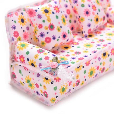 Mini Furniture Flower Sofa 20cm Couch +2 Cushions for Doll House Accessories, Doll House Accessories(Cloth sofa)