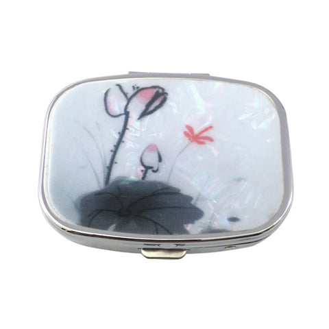 2 PCS Y10336 Two-Compartment Metal Portable Pill Box, Dragonfly, Wind Cloud, Green Peacock, Cactus, Blue Tree, Purple Rose, Lotus Flower, White Leopard