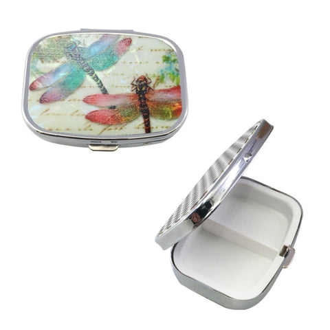 2 PCS Y10336 Two-Compartment Metal Portable Pill Box, Dragonfly, Wind Cloud, Green Peacock, Cactus, Blue Tree, Purple Rose, Lotus Flower, White Leopard