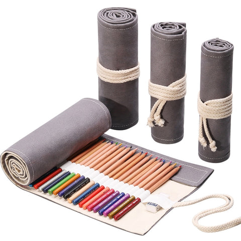 12 Holes Handmade Gray Canvula Pen Curtain Large Capacity Roller Pen Bag Color Lead Sketch Stationery Bag, 12 Holes, 24 Holes, 36  Holes, 48  Holes, 72  Holes