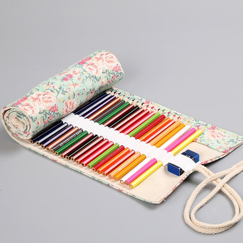 Small Floral Canvas Handmade Pen Curtain Sketch Color Pencil Roll Pen Bag Storage Stationery Box, 12 Holes, 24 Holes, 36  Holes, 48  Holes, 72  Holes