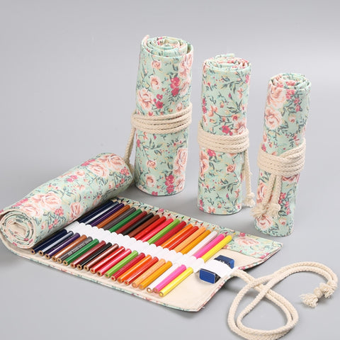 Small Floral Canvas Handmade Pen Curtain Sketch Color Pencil Roll Pen Bag Storage Stationery Box, 12 Holes, 24 Holes, 36  Holes, 48  Holes, 72  Holes