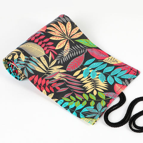 12 Holes Fallen Leaves Printed Canvula Pen Curtain Large Capacity Sketch Color Pencil Roll Pen Bag, 12 Holes, 24 Holes, 36  Holes, 48  Holes, 72  Holes