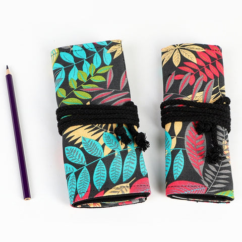 12 Holes Fallen Leaves Printed Canvula Pen Curtain Large Capacity Sketch Color Pencil Roll Pen Bag, 12 Holes, 24 Holes, 36  Holes, 48  Holes, 72  Holes