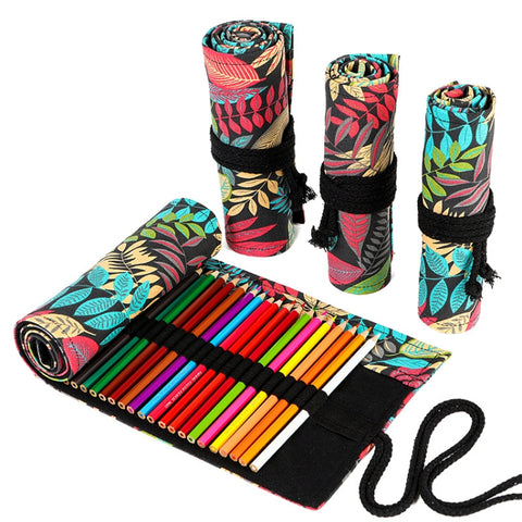 12 Holes Fallen Leaves Printed Canvula Pen Curtain Large Capacity Sketch Color Pencil Roll Pen Bag, 12 Holes, 24 Holes, 36  Holes, 48  Holes, 72  Holes