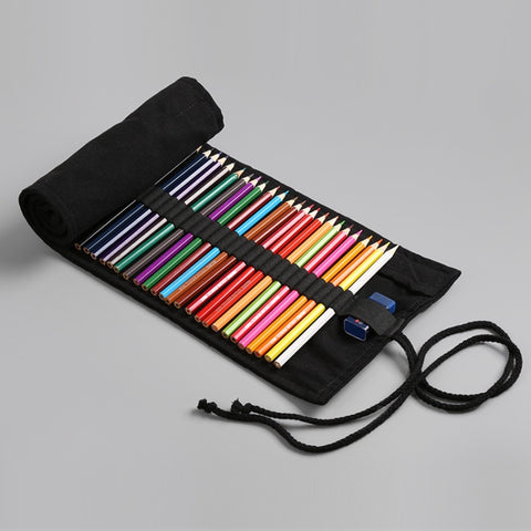 12 Holes Pure Black Handmade Canvas Roll Pen Bag Large Capacity Boy And Girl Sketch Color Pencil Curtain, 12 Holes, 24 Holes, 36  Holes, 48  Holesk, 72 Holes, 108 Holes