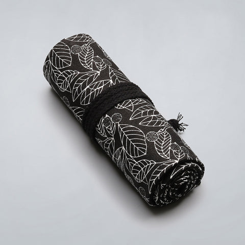 12 Holes Black Leaf Canvas Printing Pen Curtain Large Capacity Roll Pen Bag Sketch Color Lead Pen Bag, 12 Holes, 24 Holes, 36  Holes, 48  Holes, 72 Holes