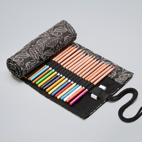 12 Holes Black Leaf Canvas Printing Pen Curtain Large Capacity Roll Pen Bag Sketch Color Lead Pen Bag, 12 Holes, 24 Holes, 36  Holes, 48  Holes, 72 Holes