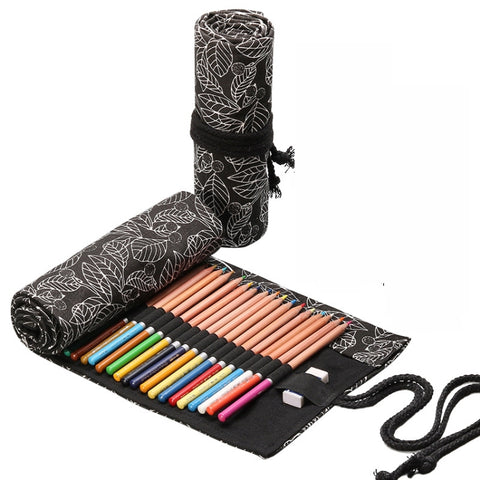 12 Holes Black Leaf Canvas Printing Pen Curtain Large Capacity Roll Pen Bag Sketch Color Lead Pen Bag, 12 Holes, 24 Holes, 36  Holes, 48  Holes, 72 Holes