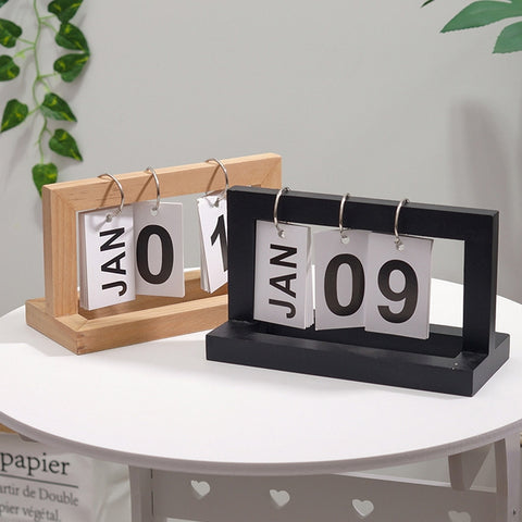 Wooden Flipping Calendar Simple Home Desktop Small Ornaments Study Desk Calendar, Black, Wood Color