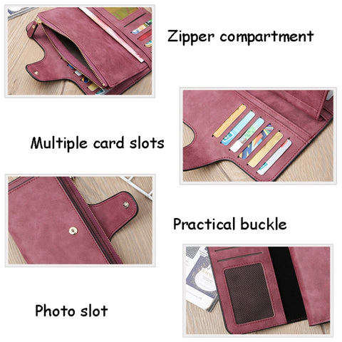 B821 Ladies Frosted Coin Purse PU Leather Clutch Multi-Purpose Long Wallet Large Capacity Card Case, Green, Blue, Black, Pink, Grey, Brown, Purple Red