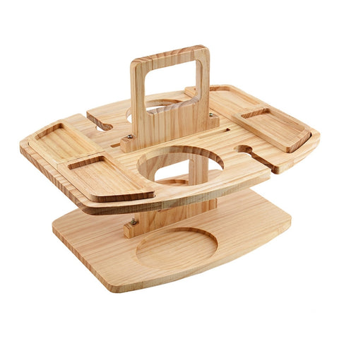 Portable Picnic Wooden Wine Glass Holder Detachable Wine Table, Camping Table with Handle