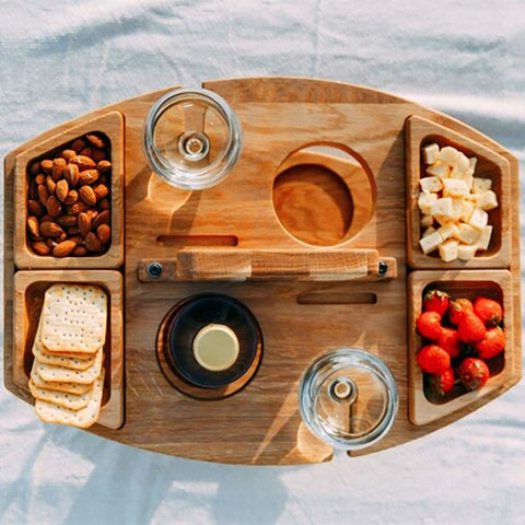 Portable Picnic Wooden Wine Glass Holder Detachable Wine Table, Camping Table with Handle