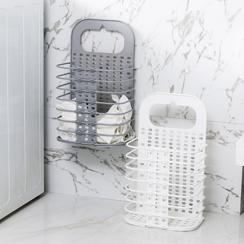 Household Bathroom Wall-Mounted Perforation-Free Folding Dirty Clothes Basket Toy Storage Basket, White, Grey