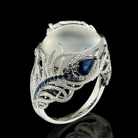 Vintage Silver Hollow Natural Opal Rings Feather Pattern Rings for Women Jewelry, 10, 6, 7, 8, 9