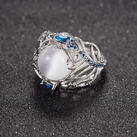 Vintage Silver Hollow Natural Opal Rings Feather Pattern Rings for Women Jewelry, 10, 6, 7, 8, 9