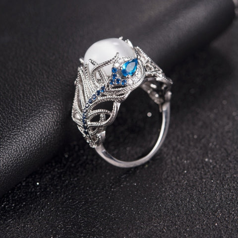 Vintage Silver Hollow Natural Opal Rings Feather Pattern Rings for Women Jewelry, 10, 6, 7, 8, 9