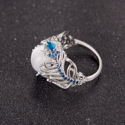 Vintage Silver Hollow Natural Opal Rings Feather Pattern Rings for Women Jewelry, 10, 6, 7, 8, 9