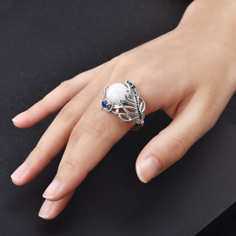 Vintage Silver Hollow Natural Opal Rings Feather Pattern Rings for Women Jewelry, 10, 6, 7, 8, 9