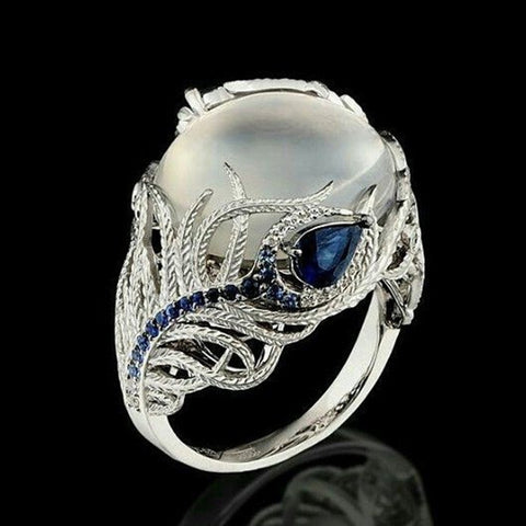 Vintage Silver Hollow Natural Opal Rings Feather Pattern Rings for Women Jewelry, 10, 6, 7, 8, 9