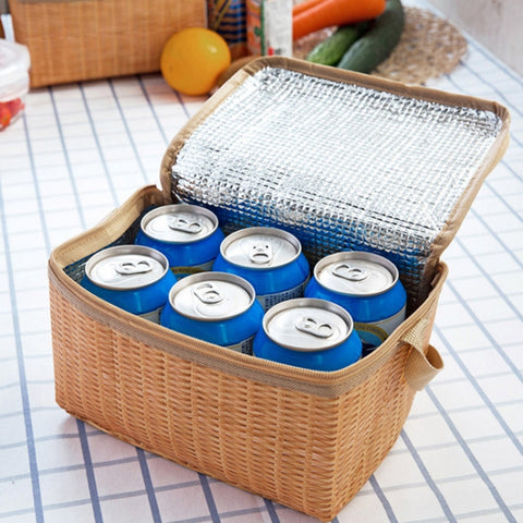 Portable Insulated Thermal Lunch Box Canvas Imitation Rattan Lunch Bag Picnic Container