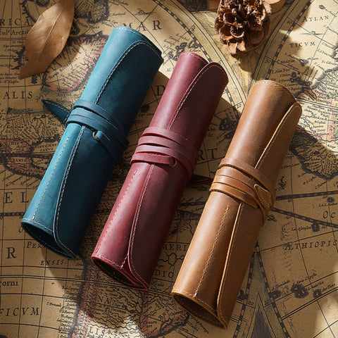 Retro First Layer Cowhide Pen Curtain Simple Literary Pencil Case Multifunctional Volume Pencil Case, Crazy Horse Skin Black, Crazy Horse Skin Coffee, Crazy Horse Skin Brown, Crazy Horse Skin Wine Red, Crazy Horse Skin Ink Green, Crazy Horse Skin Blue