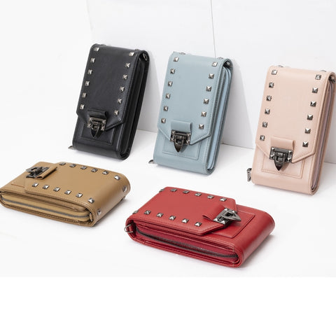 F835 Rivet Diamond Mobile Phone Bag Ladies Shoulder Diagonal Bag, Red, Blue, Black, Pink, Tea Brown