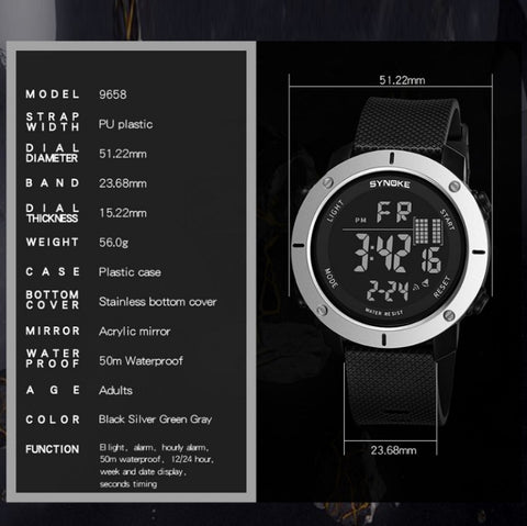 SYNOKE 9658 Student Outdoor Multi-Function Waterproof Large Dial Sports Electronic Watch, Black Silver, Military Green, Gray, Black