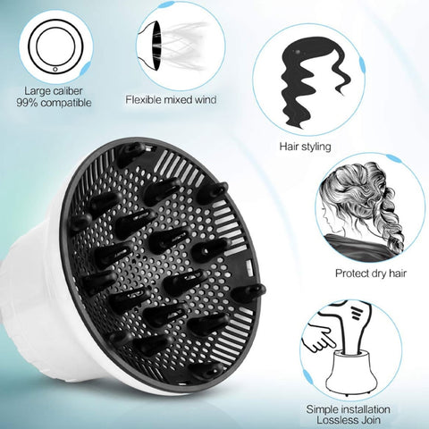 Universal Hair Diffuser Adaptable For Blow Dryers with Rotatable Design Curly Hair Large Wind Hood, White, Black