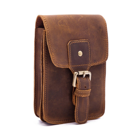 2034 Men Retro Leather Phone Waist Bag, Dark Brown, Yellow Brown