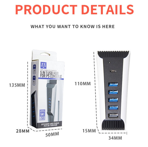 5 in 1 USB HUB For PS5 Console, For PS5   5 in 1