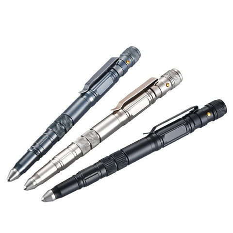 P08 Outdoor LED With Flashing Tungsten Steel Window Breaking Self-Defense Pen, Black, Gold, Grey