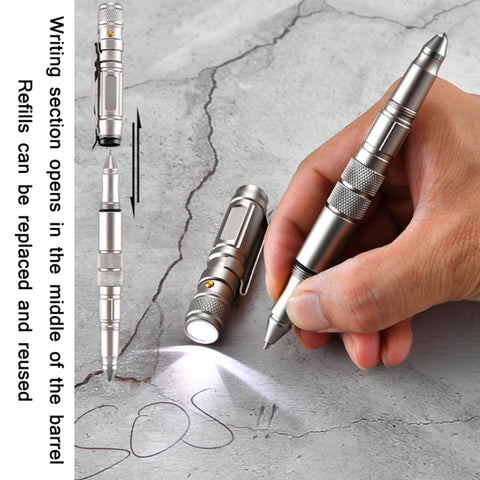 P08 Outdoor LED With Flashing Tungsten Steel Window Breaking Self-Defense Pen, Black, Gold, Grey