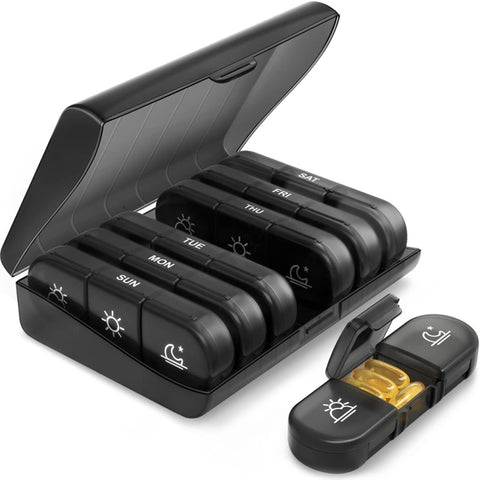 21-compartment Rainbow Pill Box One Week Pill Box, Black + Black, Transparent +Colorful, Black +Colorful, Gray + Colorful