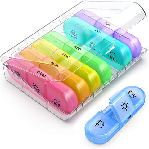 21-compartment Rainbow Pill Box One Week Pill Box, Black + Black, Transparent +Colorful, Black +Colorful, Gray + Colorful