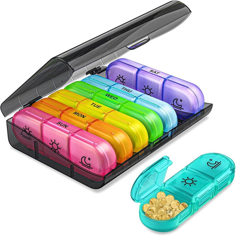 21-compartment Rainbow Pill Box One Week Pill Box, Black + Black, Transparent +Colorful, Black +Colorful, Gray + Colorful