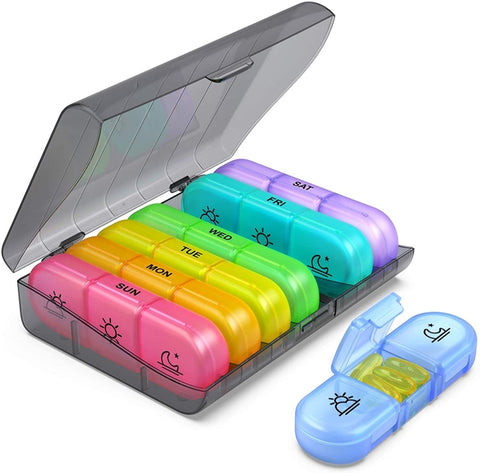 21-compartment Rainbow Pill Box One Week Pill Box, Black + Black, Transparent +Colorful, Black +Colorful, Gray + Colorful