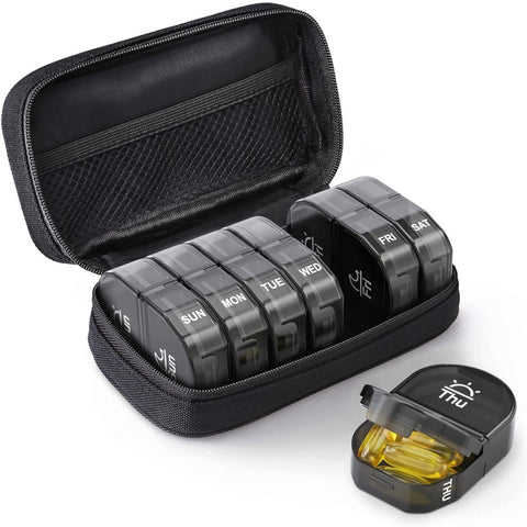 14 Compartment Medicine Box Plastic Double Row Leather Bag Pill Box