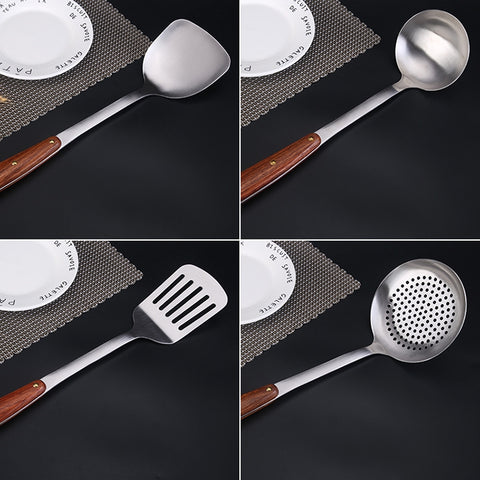 304 Stainless Steel Wooden Handle Kitchenware Home Kitchen Equipment, Style:, Fried Spatula, Soup Spoon, Slotted Shovel, Slotted Spoon