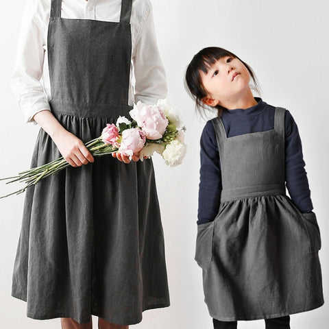 Cotton And Linen Parent-Child Painting Apron Baking Coffee Work Clothes,Size:, Childrens (Gray), Childrens (Oats), Childrens (Pink), Adults (Gray), Adults (oat), Adult ( Pink)